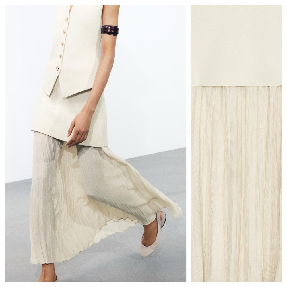 NWT. Zara Mid-Ecru Pleated Semi-Sheer Midi Skirt. Size L. - Picture 2 of 9